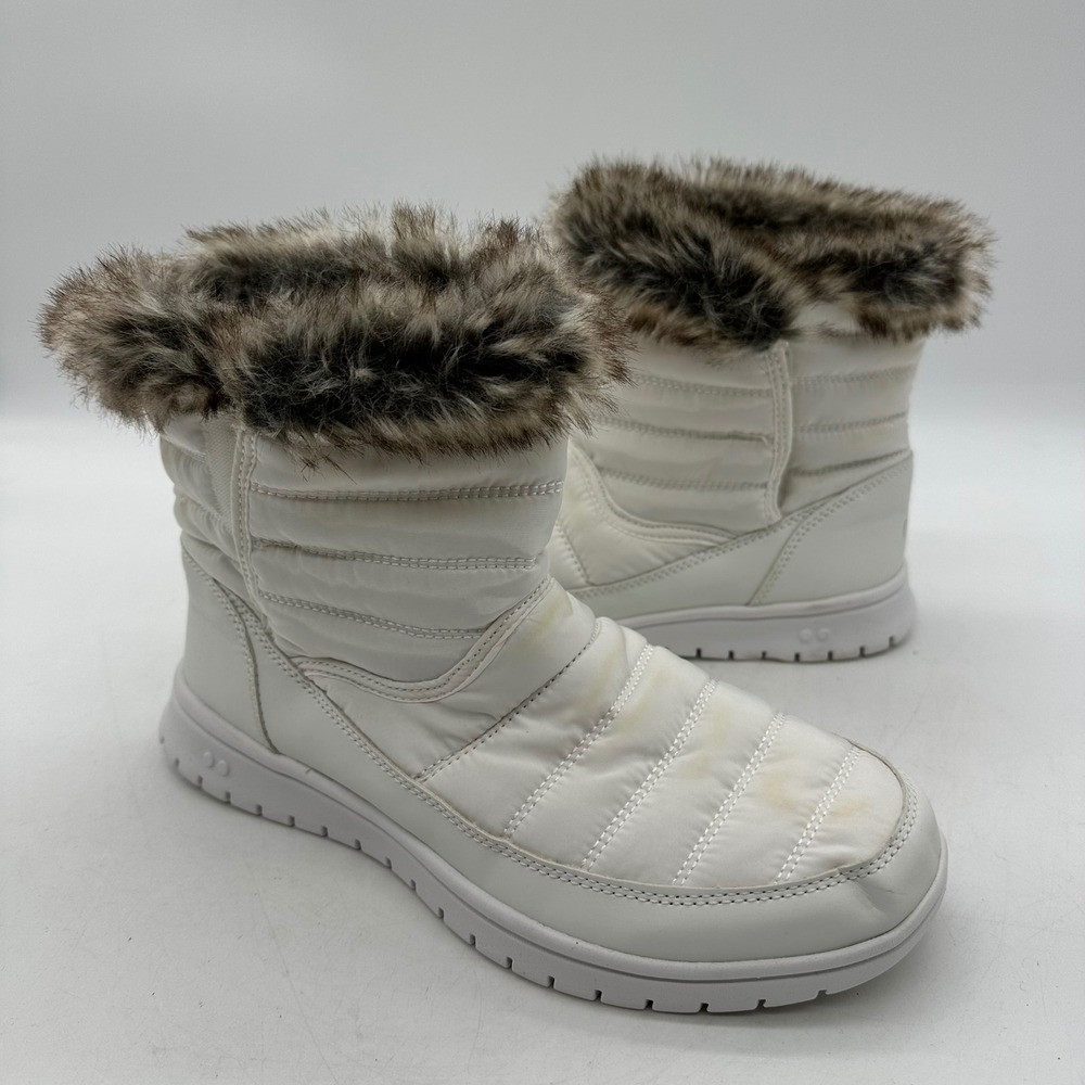 Ryka Womens 8.5M Suzy White Quilted Puffer Faux Fur Trim Winter Ankle Snow Boots